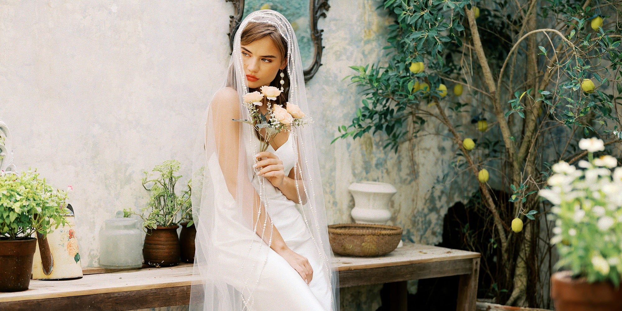 pearl veil with lace dress Pearl Bridal Veil Simple Wedding Dress With Pearl Veil Pearly Long Veil  Pearl Bridal