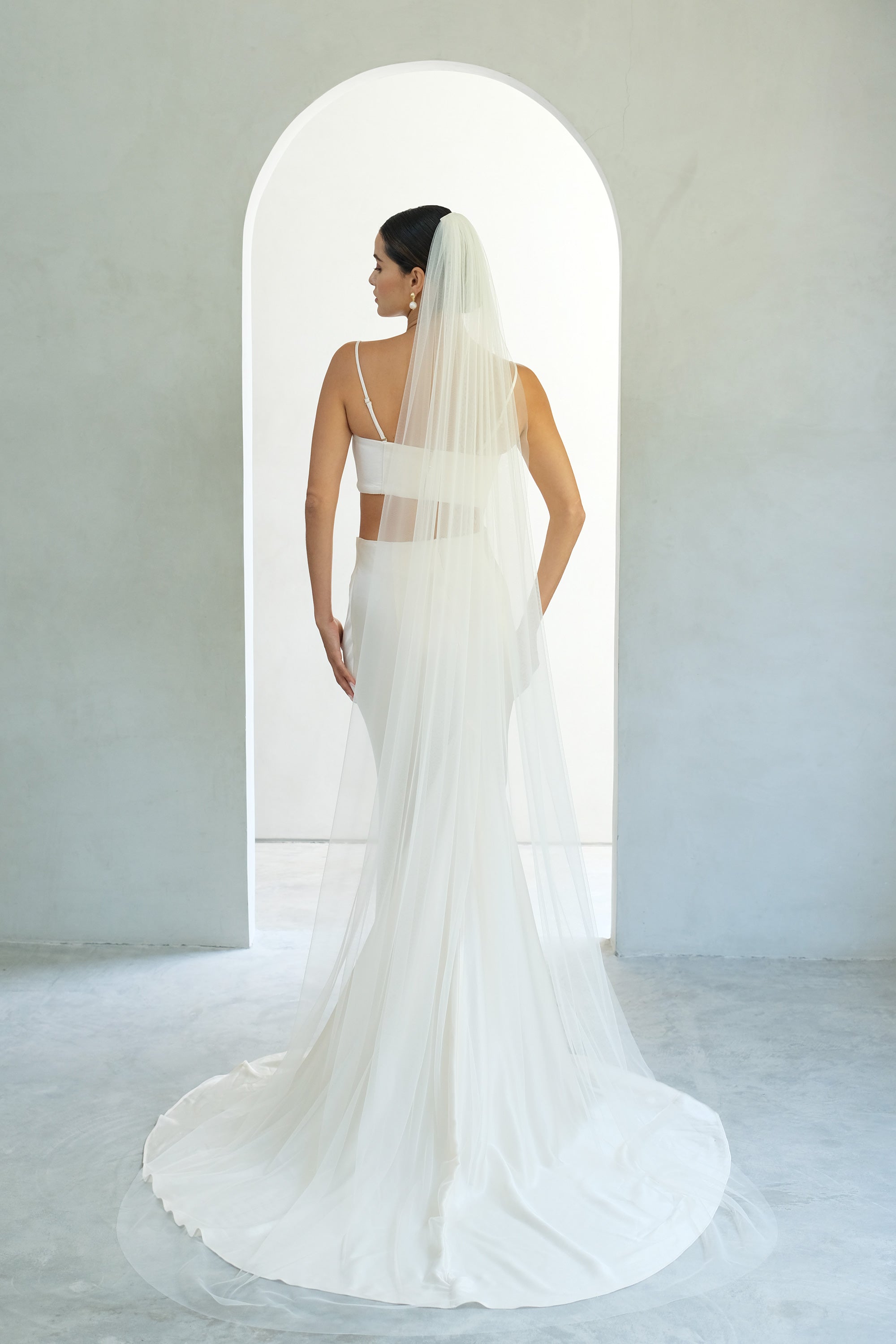 Full length back view of bride wearing long veil in soft tulle gathered at the comb