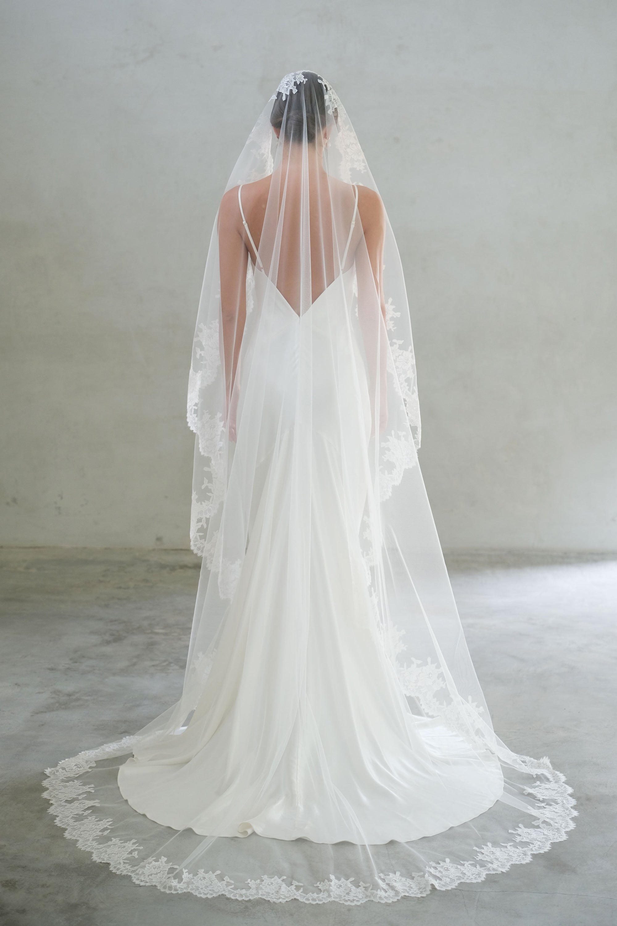 Full length back view of bride wearing chapel length mantilla veil with train fanned out to show lace trimming