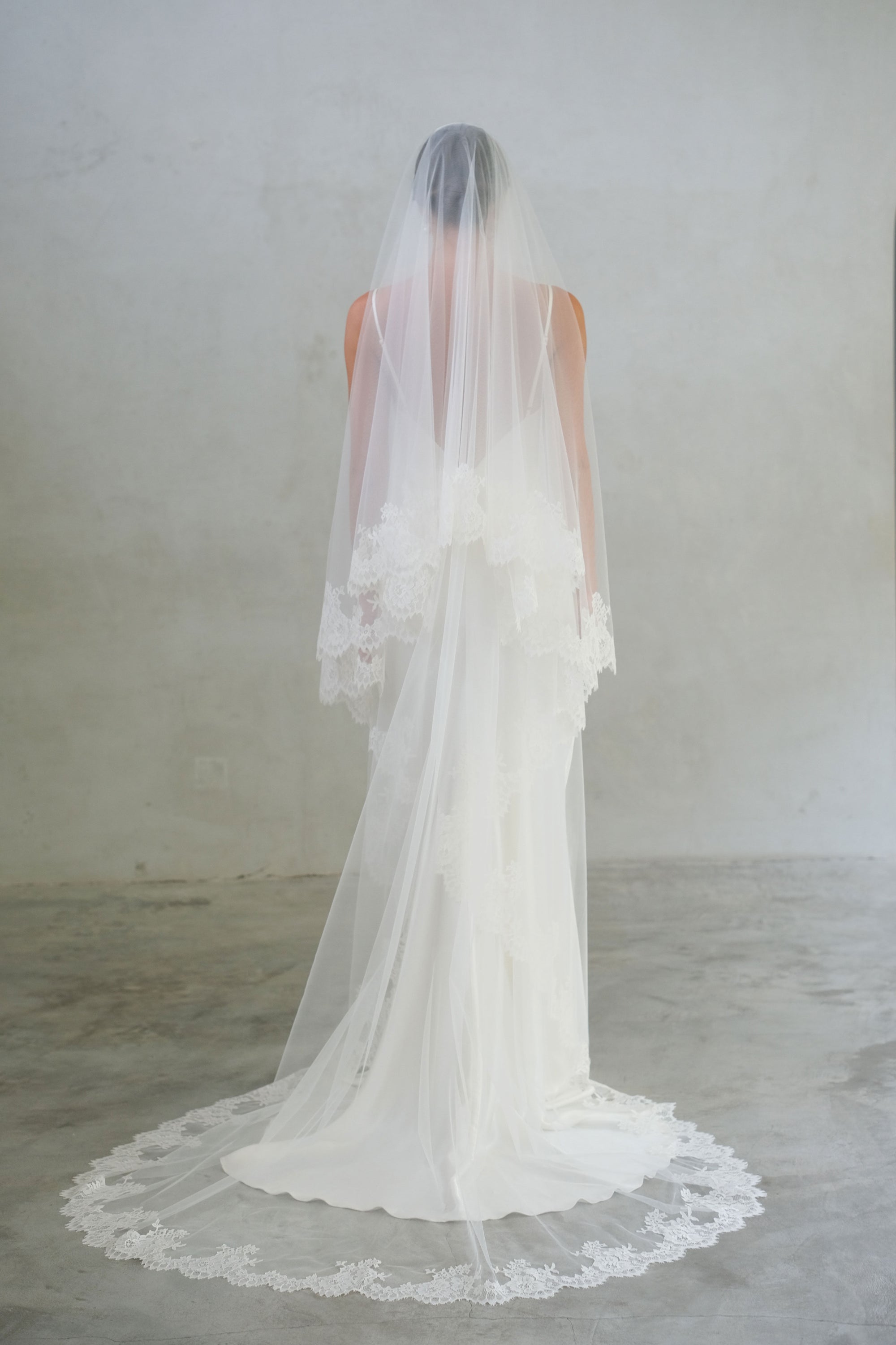Full length back view of long two tier wedding veil shown with blusher to the back and highlighting elaborate lace trim on veil edges and train