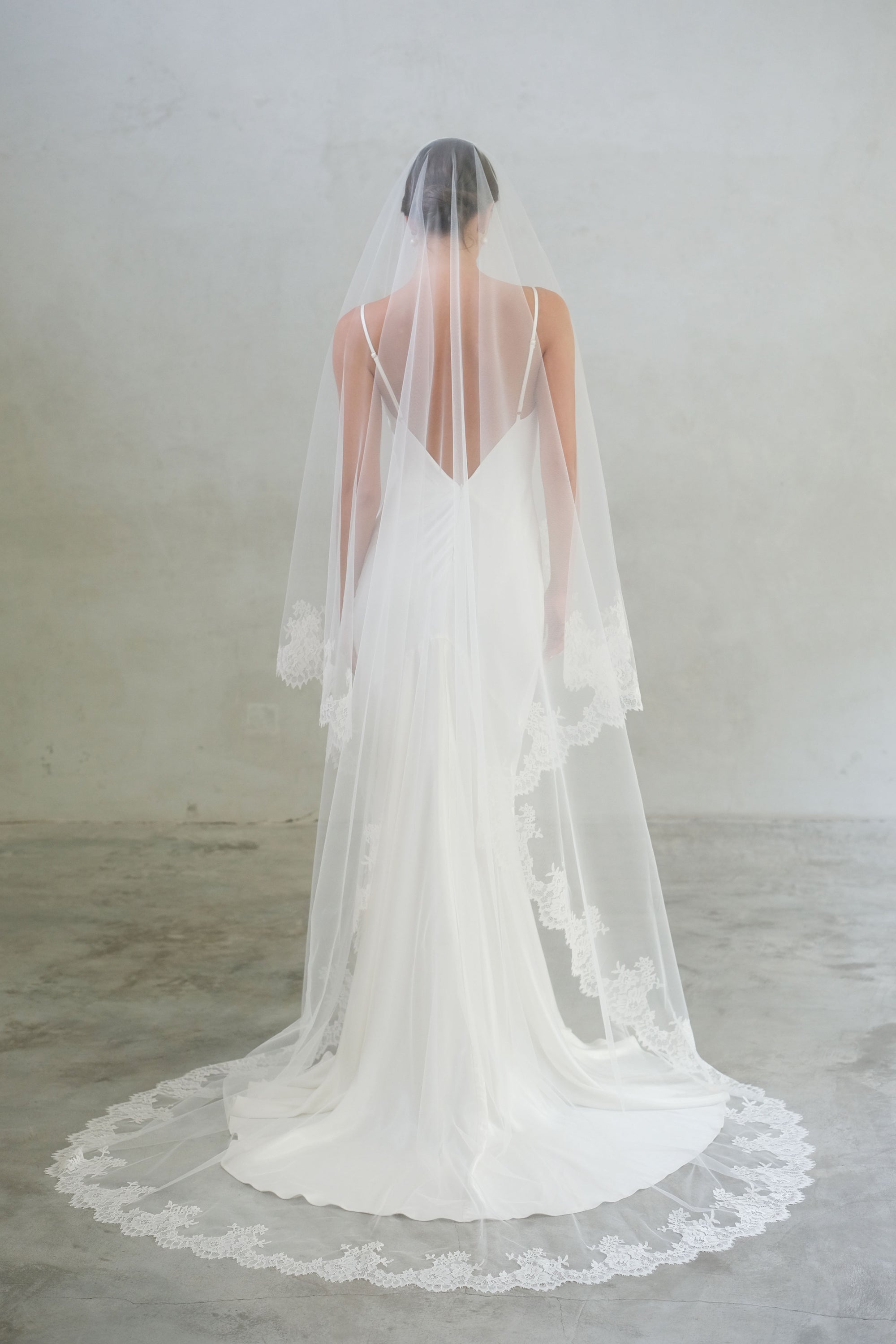 Full length back view of bride wearing long, lace trimmed two tier wedding veil
