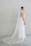 One tier veil with partial lace trim