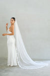 One tier veil with partial lace trim