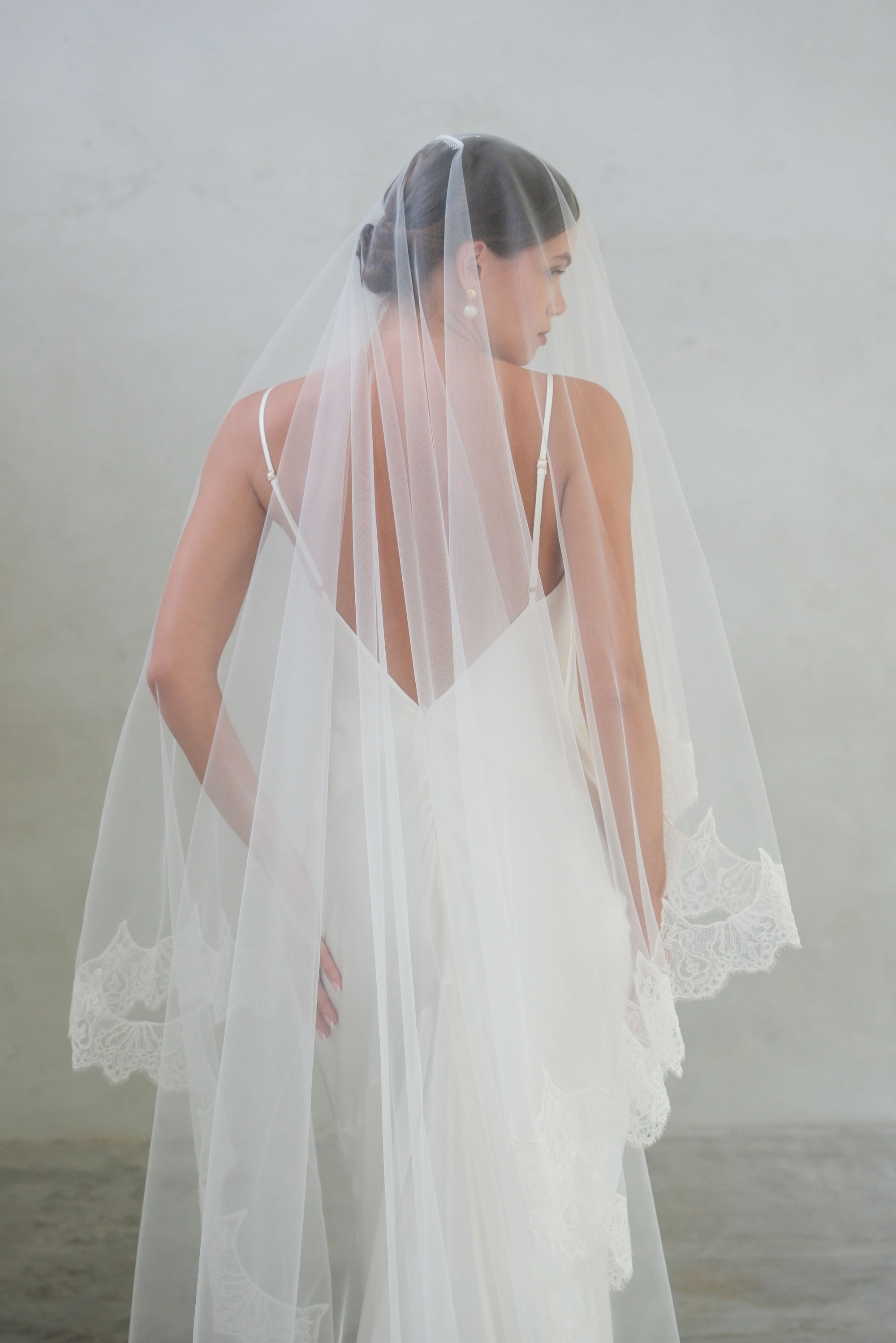 Half length back view of long lace edged, two tier bridal veil