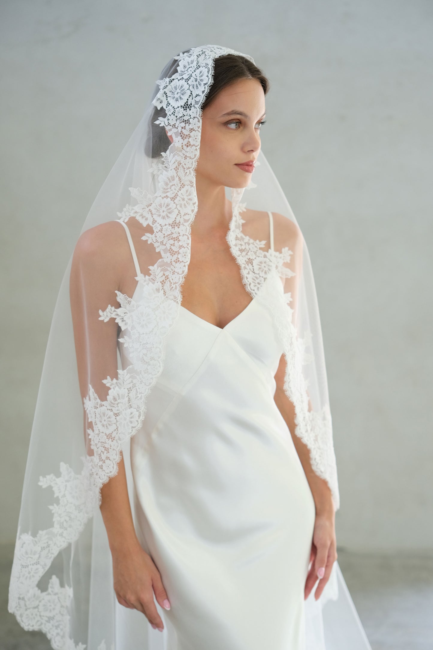 Half length shot of bride wearing lace edged mantilla veil