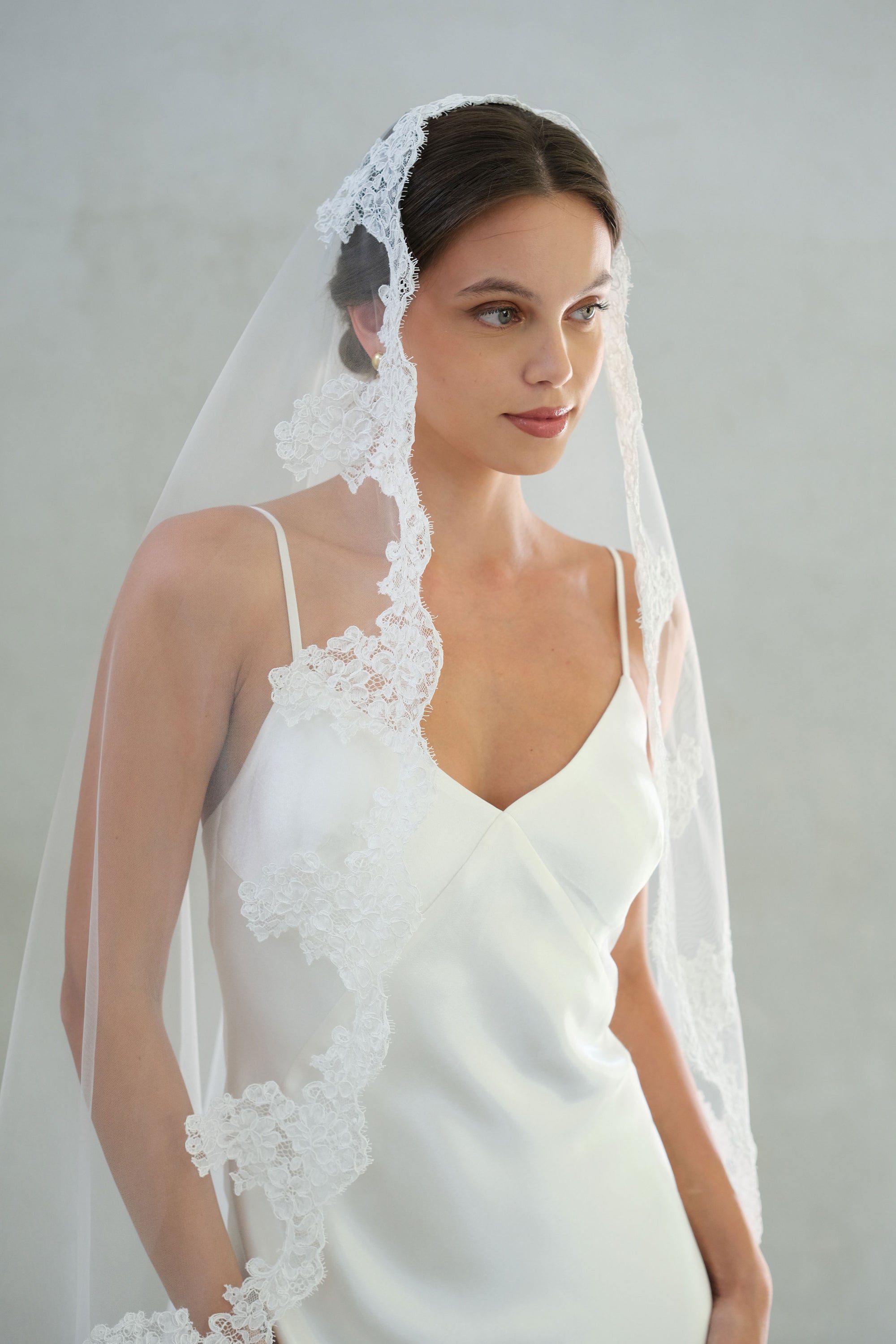 Lace edge mantilla veil over hair and shoulders of beautiful bride, simple styling, front facing