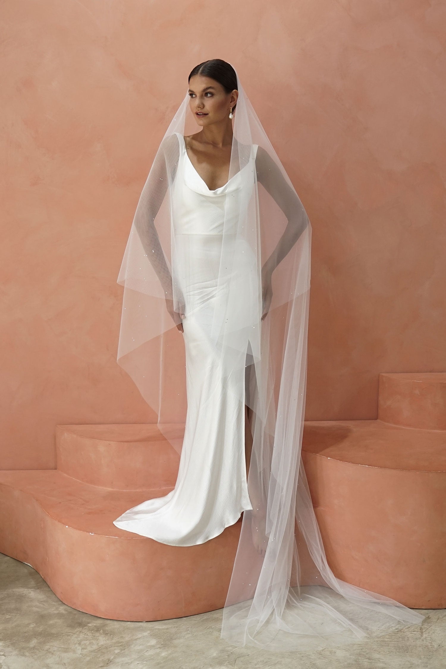 model wears drop veil with crystals,  two-tier wedding veil with crystal