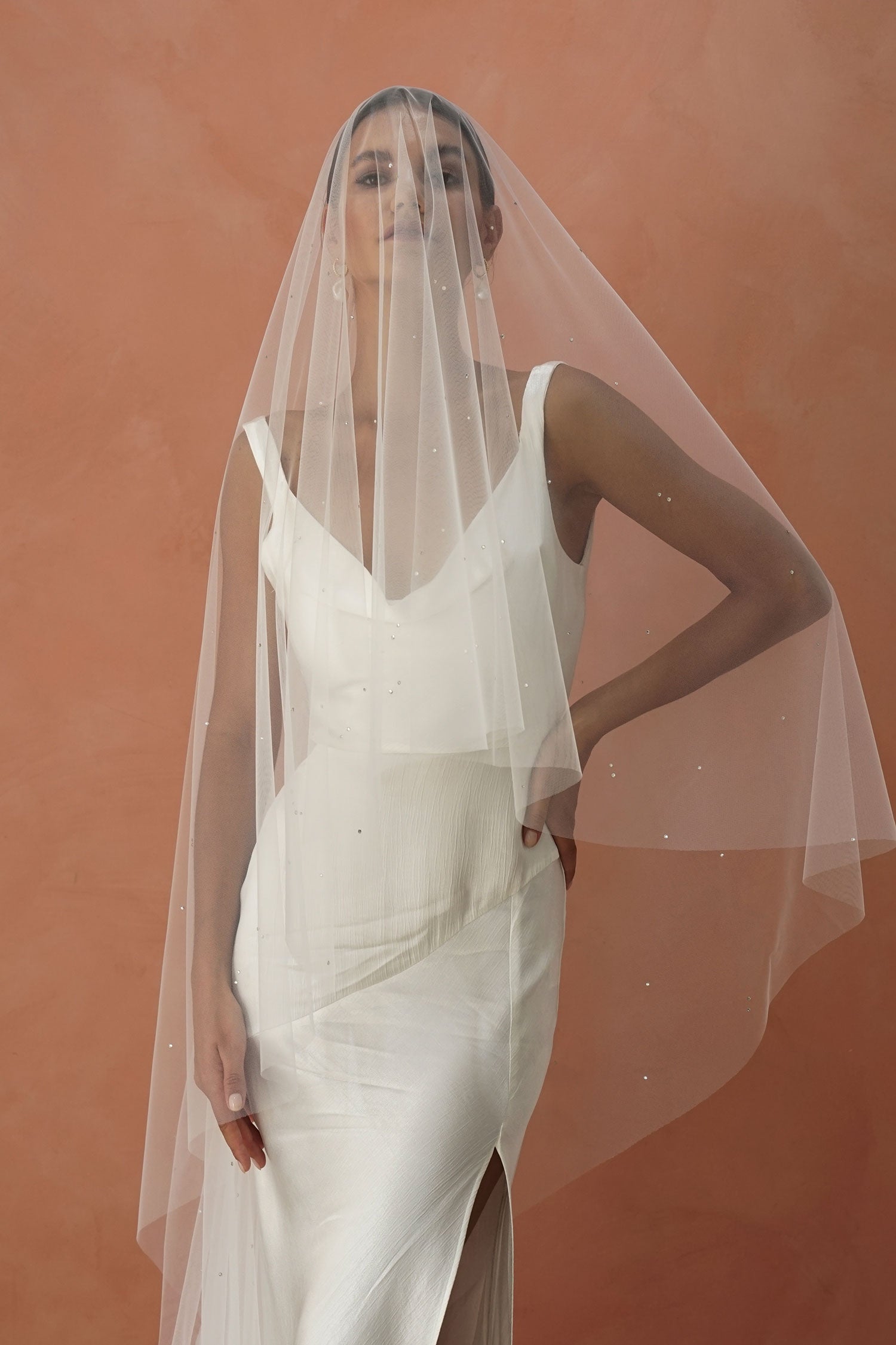 model wears drop veil with crystals,  two-tier wedding veil with crystal