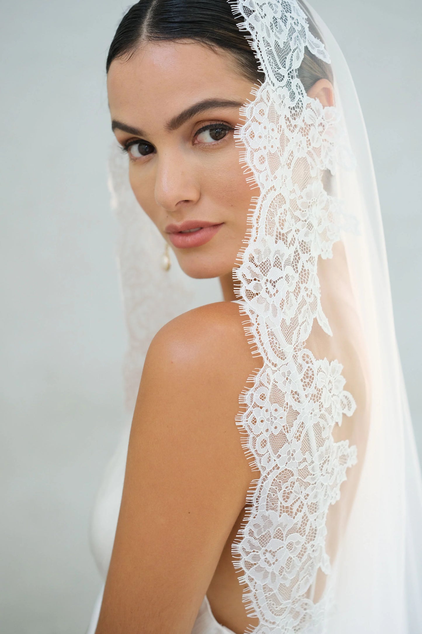 Romantic lace trim on mantilla wedding veil by Madame Tulle Sydney