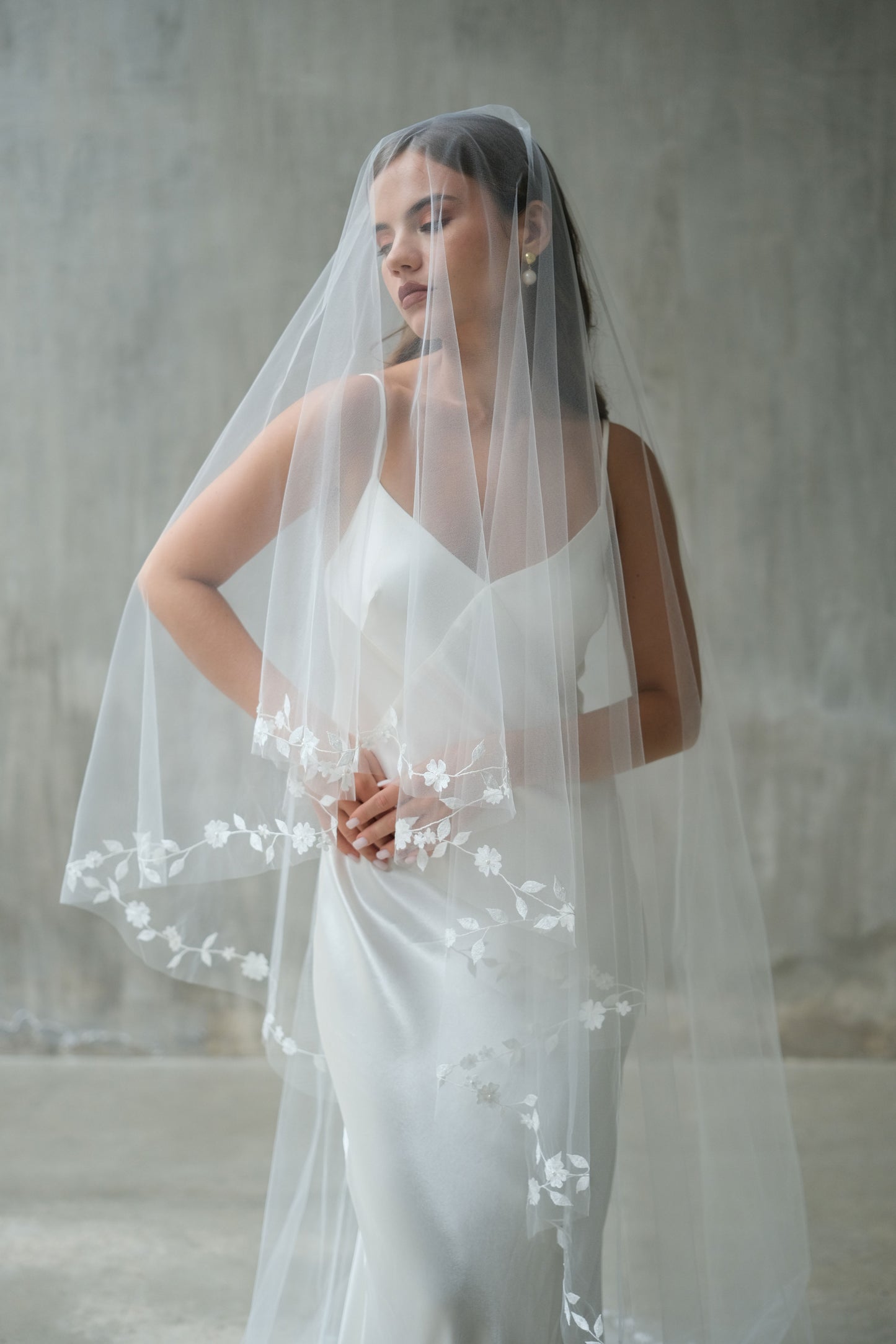 Bride wears sheer wedding veil with blusher featuring delicate floral embroidered edging