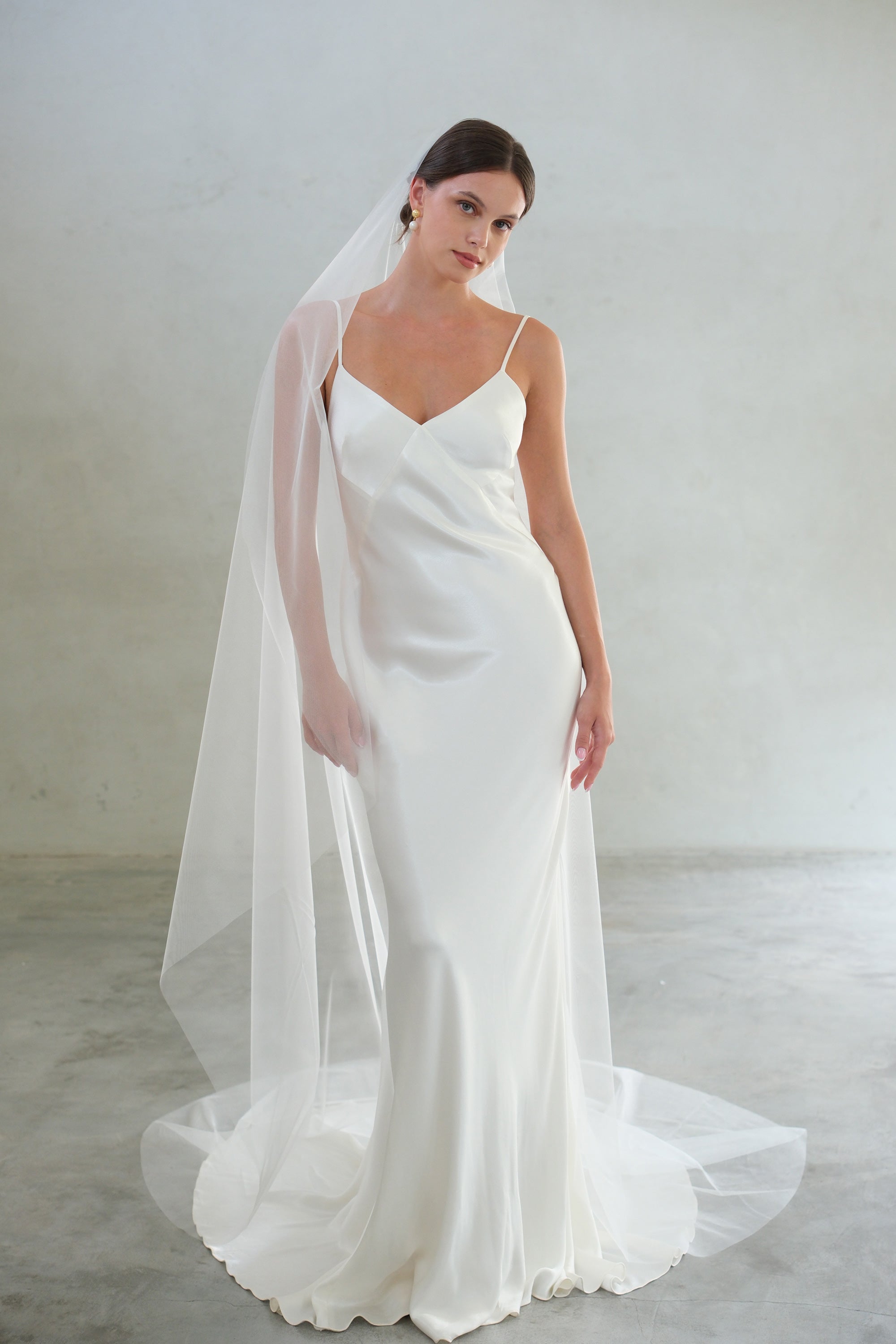 Bride wears long, plain shimmer tulle mantilla veil