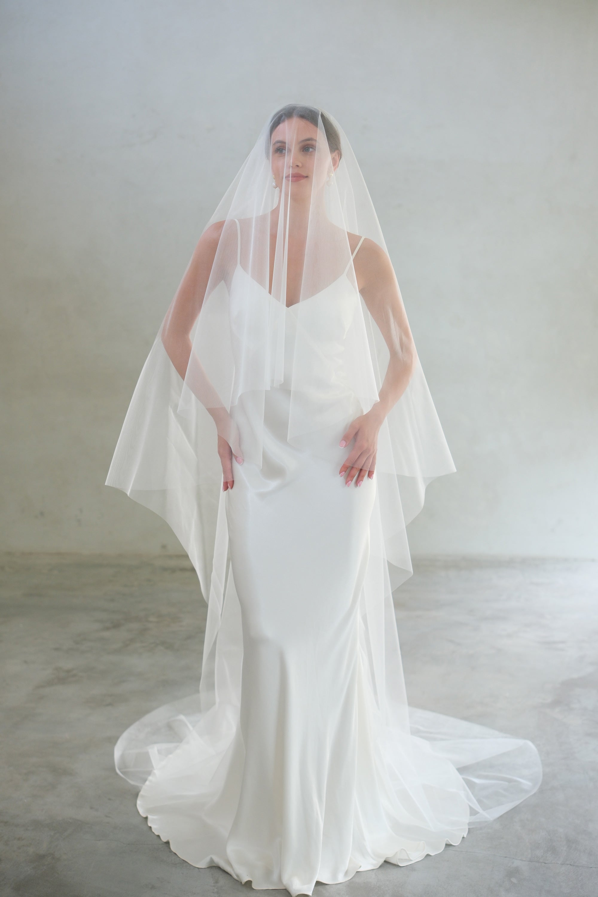 Full length, front-facing shot of bride wearing long drop veil, plain shimmer tulle - blusher down