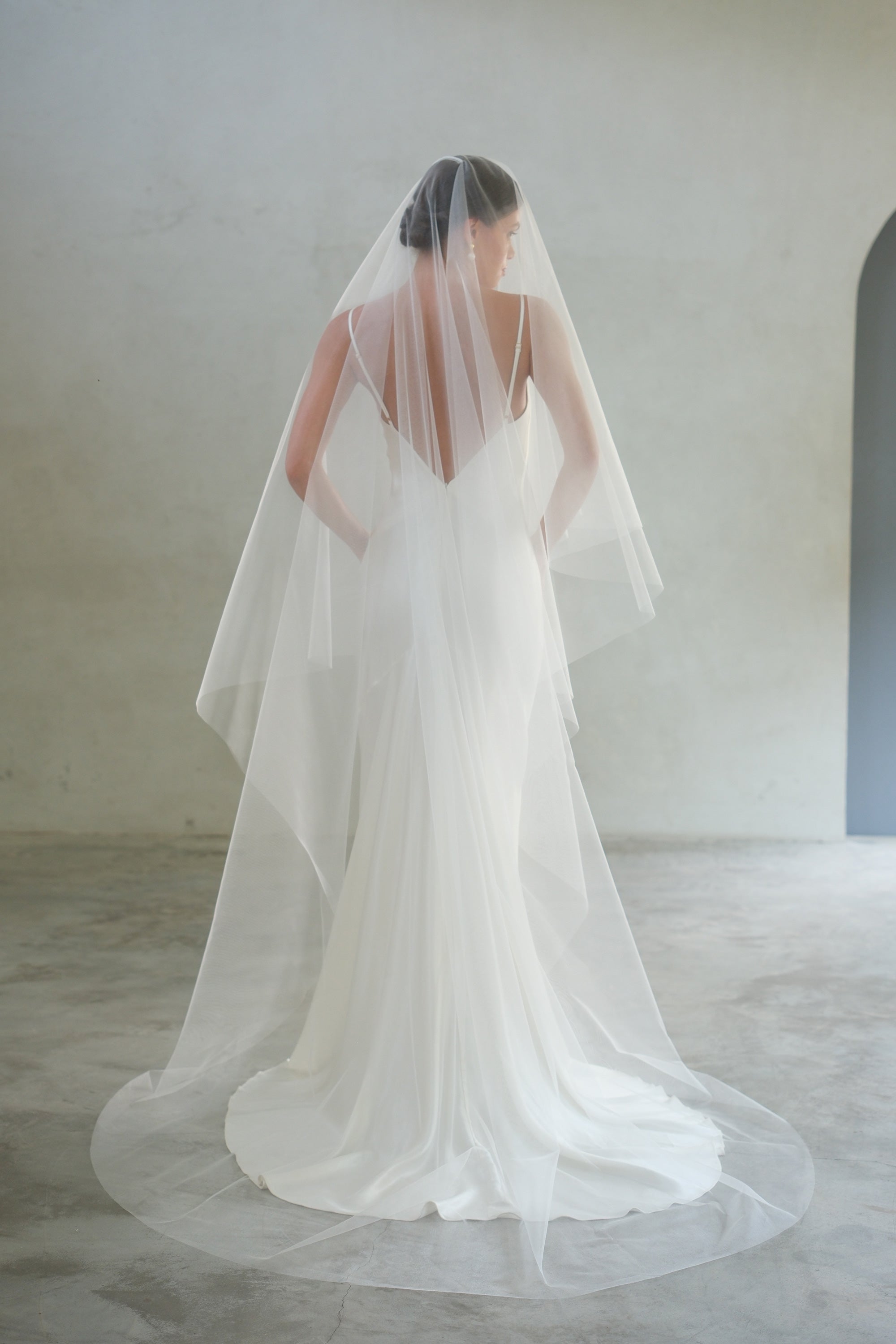 Full length back view showing bride wearing long plain wedding veil, two tier shimmer tulle