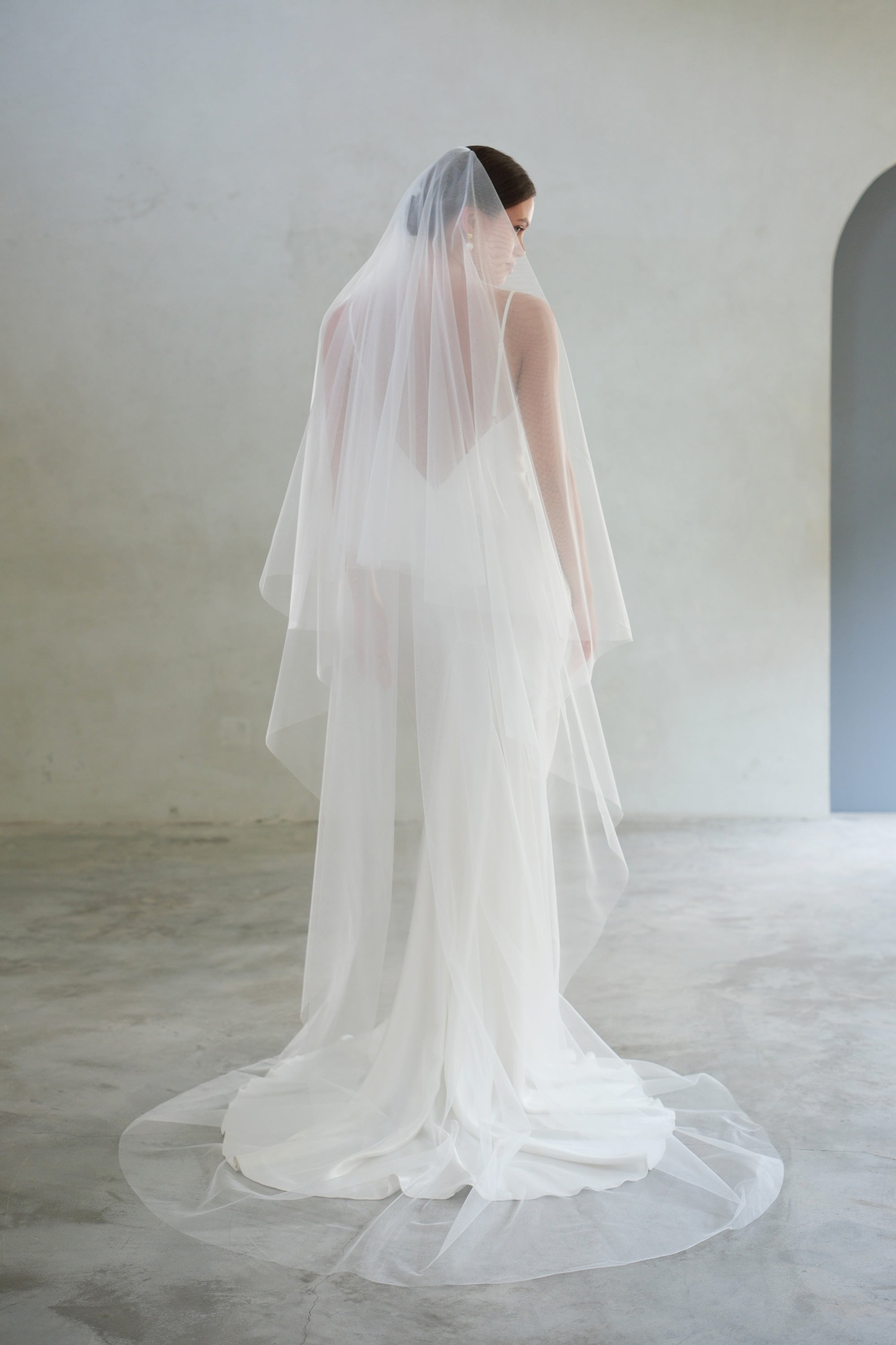 full-length back view of bride with long, shimmer tulle, two-tier bridal veil - blusher off