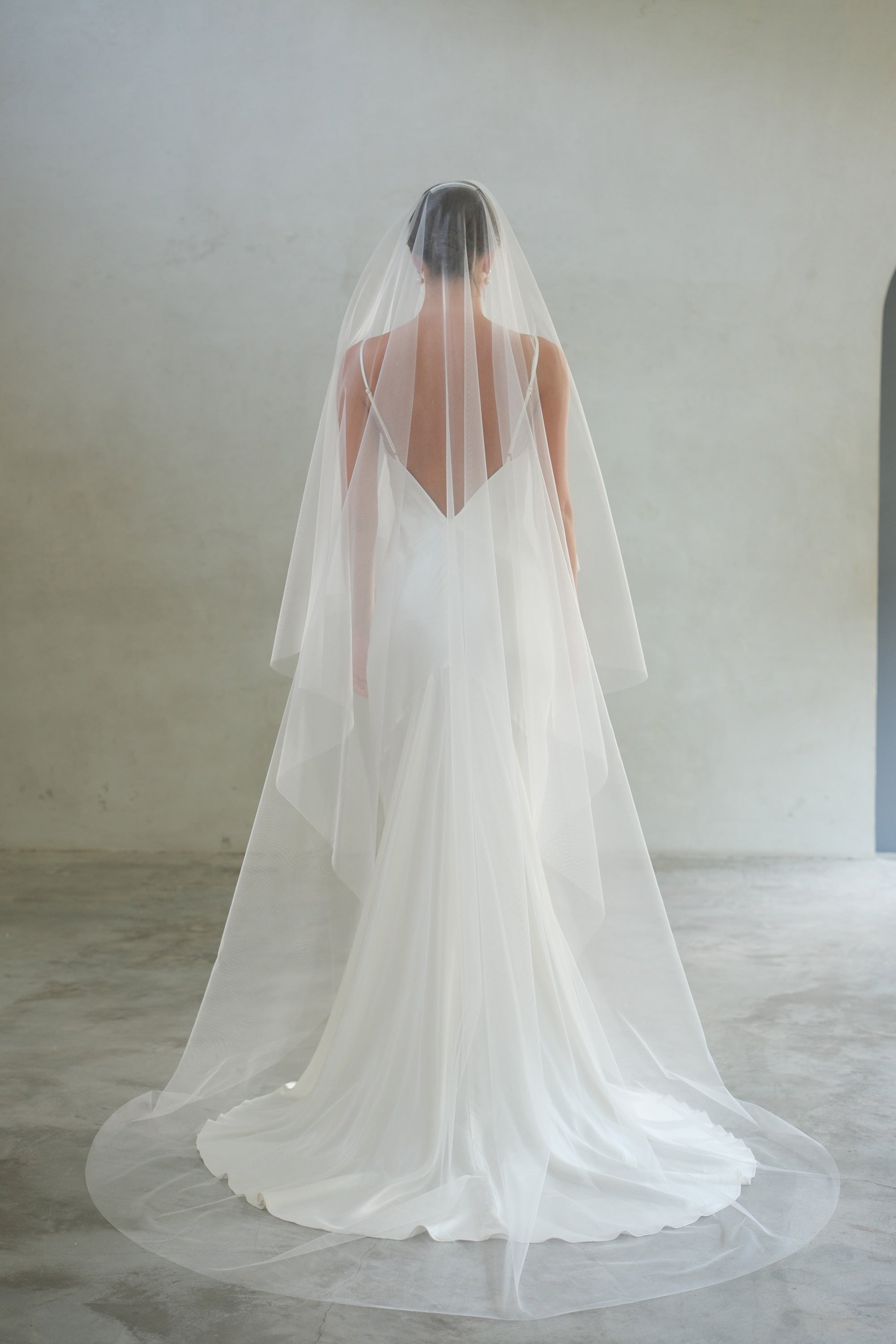 Full length back view of bride wearing long, plain drop veil - shimmer tulle