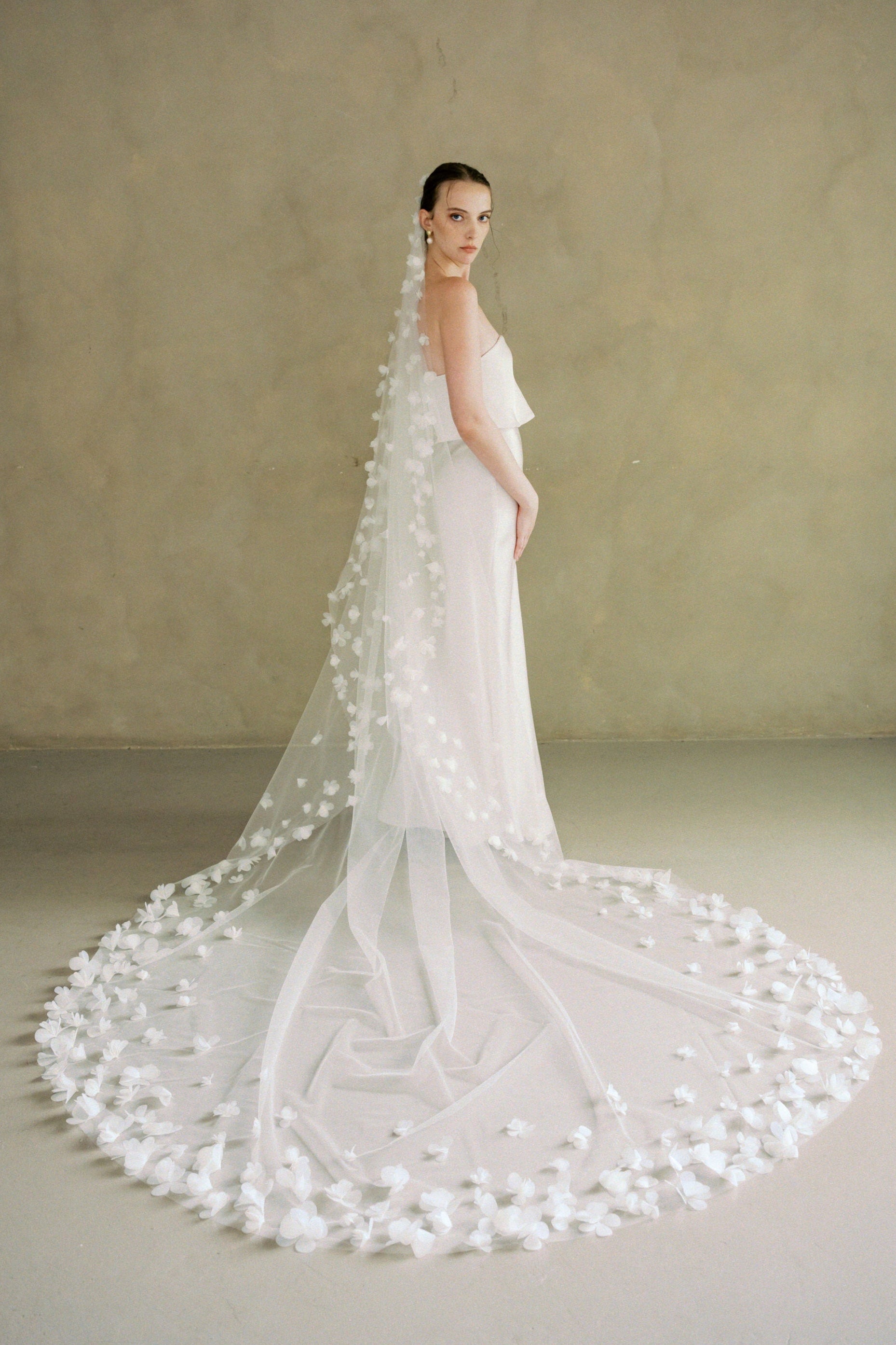 Model wears a 3D floral wedding veils made by Madame Tulle Australia