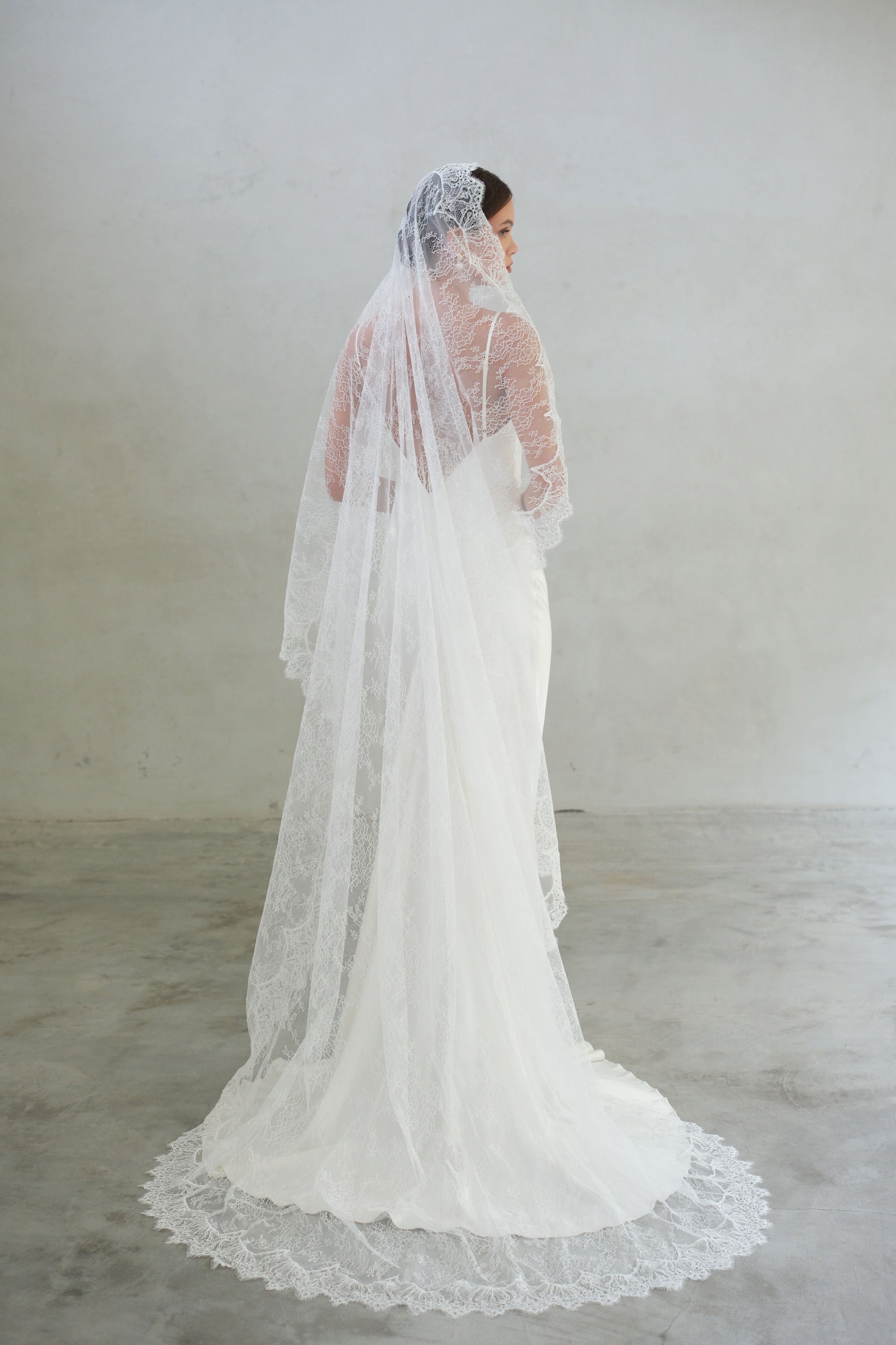 Full length back view of full fine lace long mantilla bridal veil with the scalloped lace-edged train fanned out to frame the train of the dress