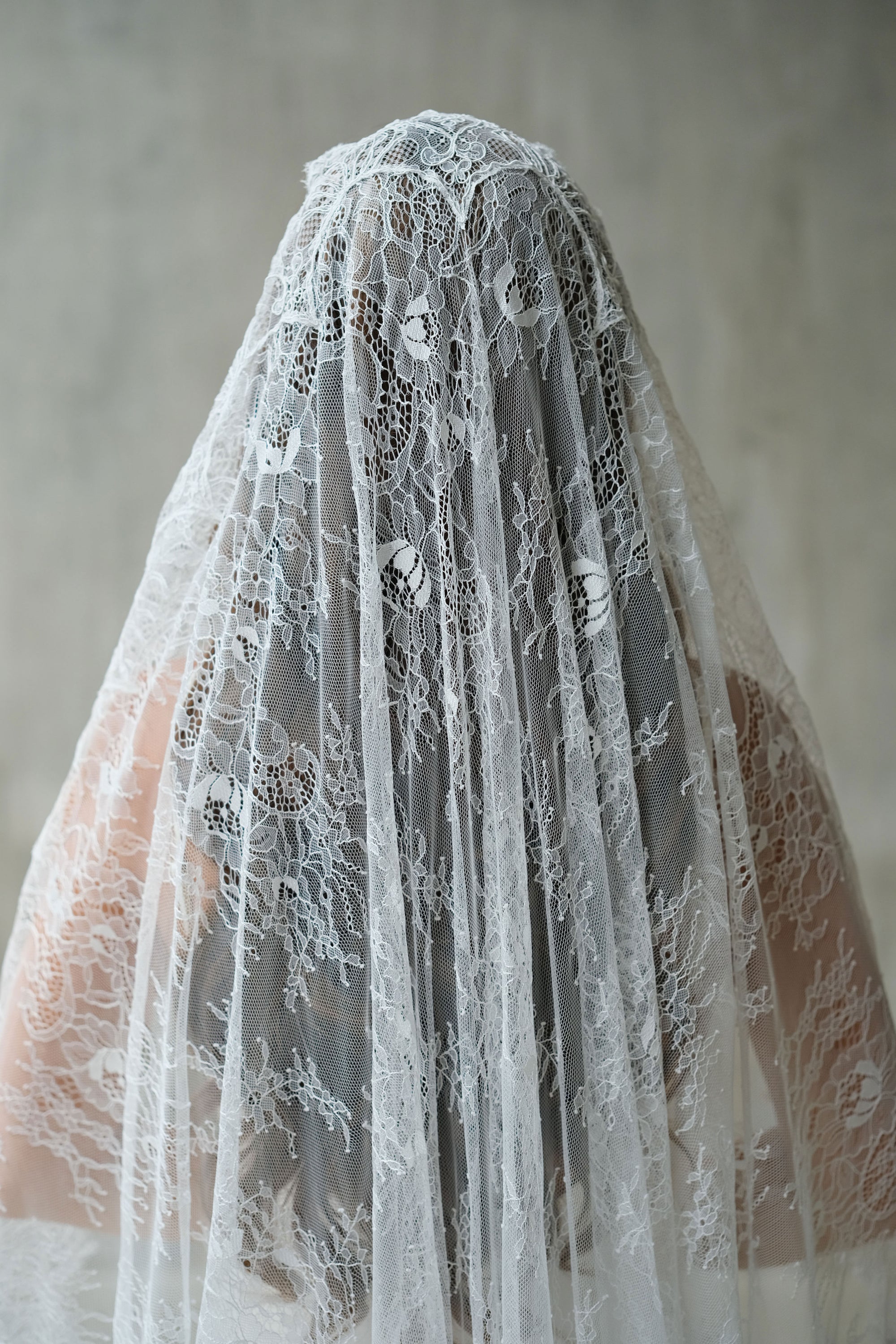 Back view of head and shoulders covered by lace mantilla bridal veil