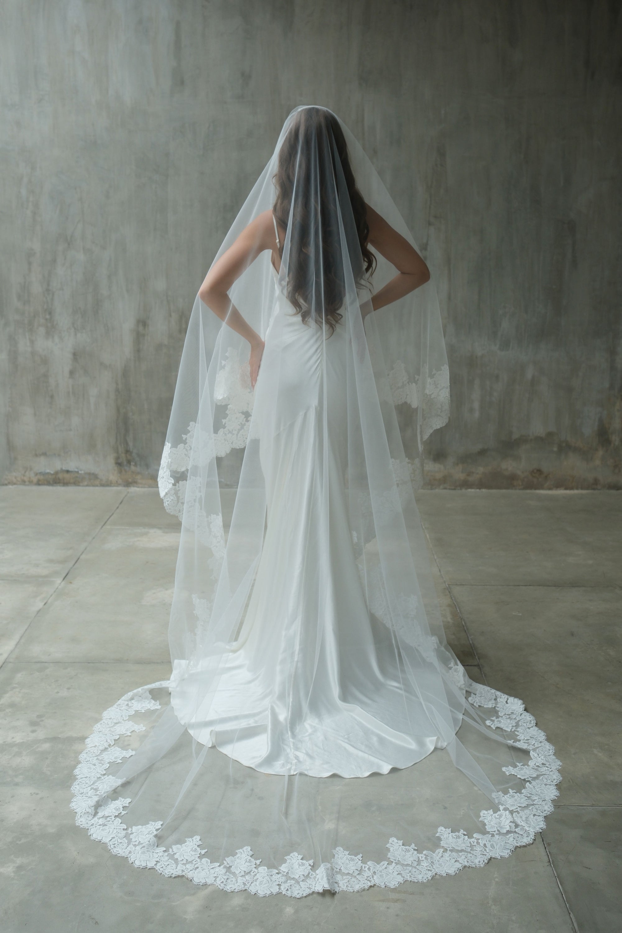 Full length back view of bride wearing long two tier wedding veil trimmed with lace on edges and all around train; blusher is down