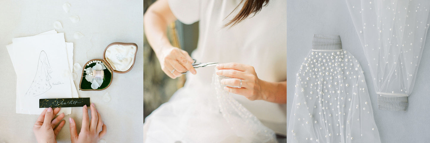 Bannner triptych featuring hand crafting of pearl trimmed bridal veil from sketch through to finished items