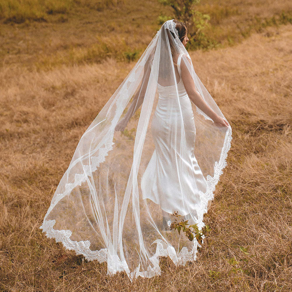 Bride wanders throough wheat field as her long, lace trimmed wedding veil flows out behind