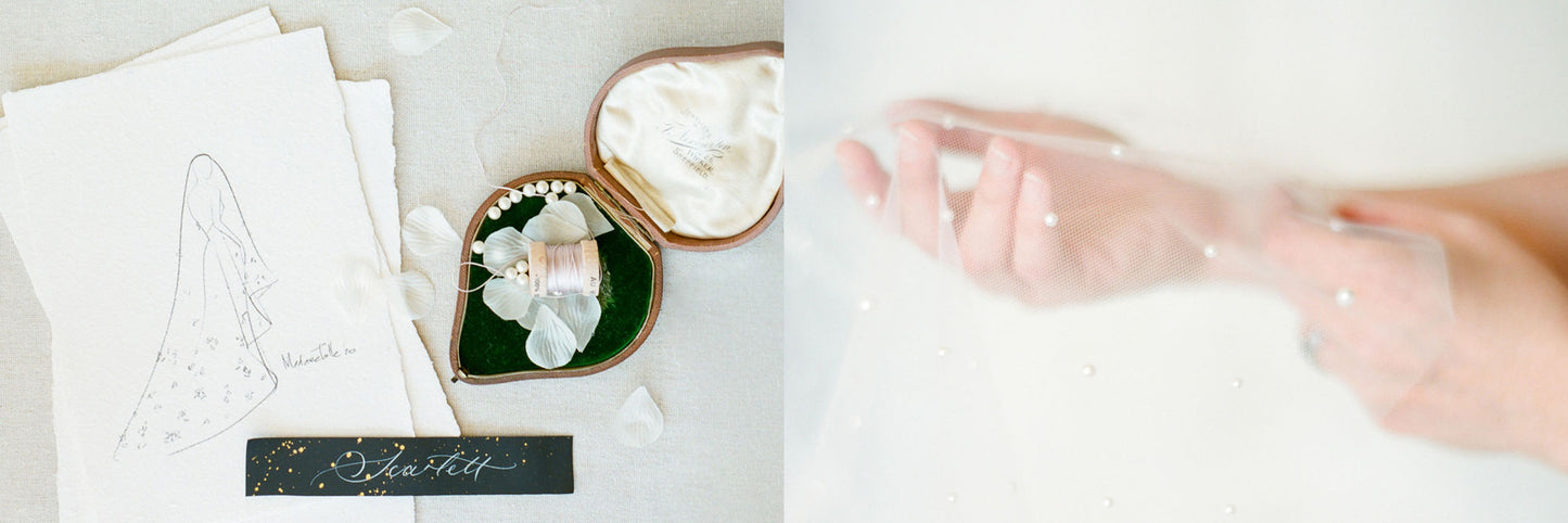 Side by side banner shots of pearls destined for pearl trimmed wedding veil in adjacent shot