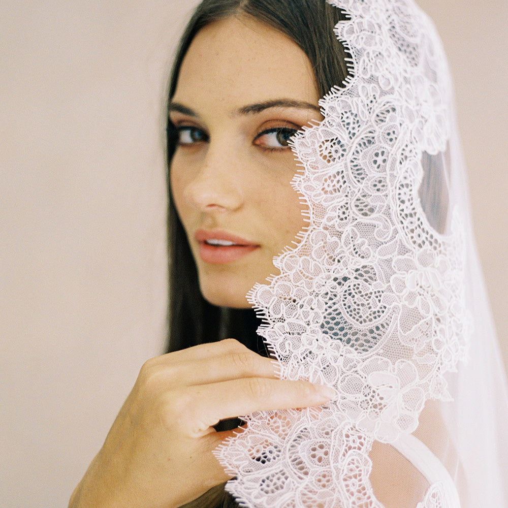Close up of lace trim on mantilla wedding veil by Madame Tulle Sydney