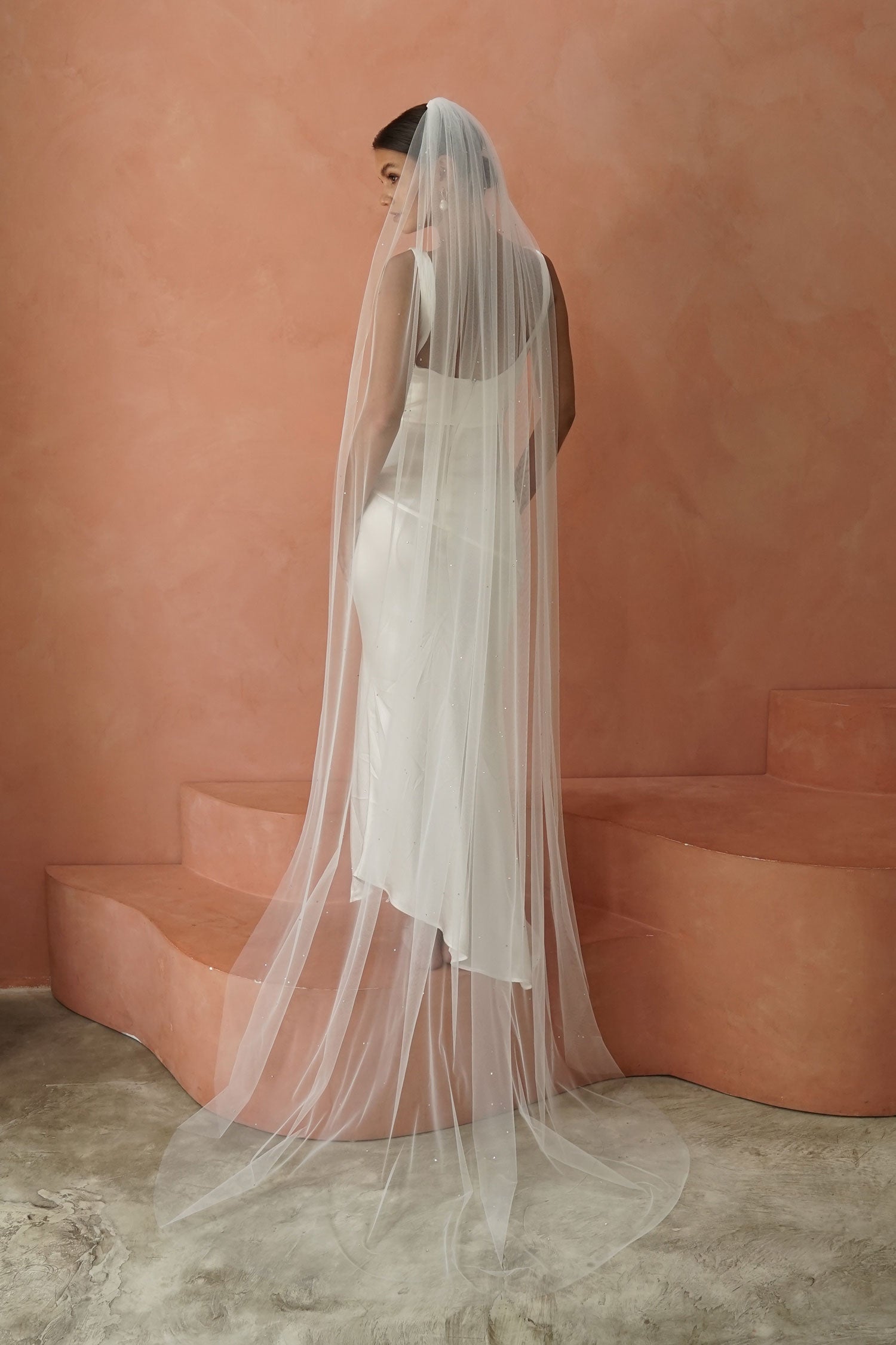 model wears one tier veil with crystals, crystal wedding veil 