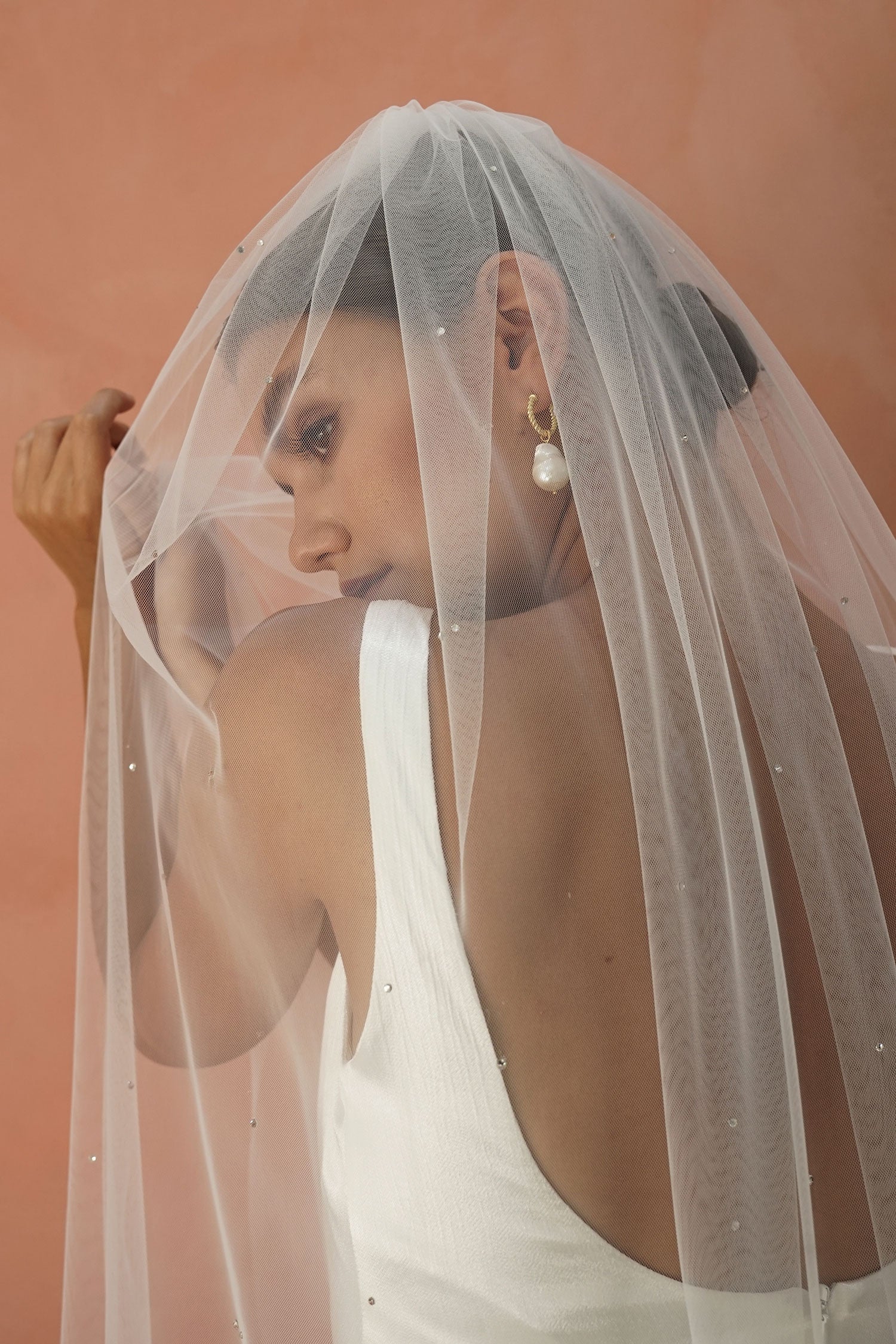 model wears one tier veil with crystals, crystal wedding veil 