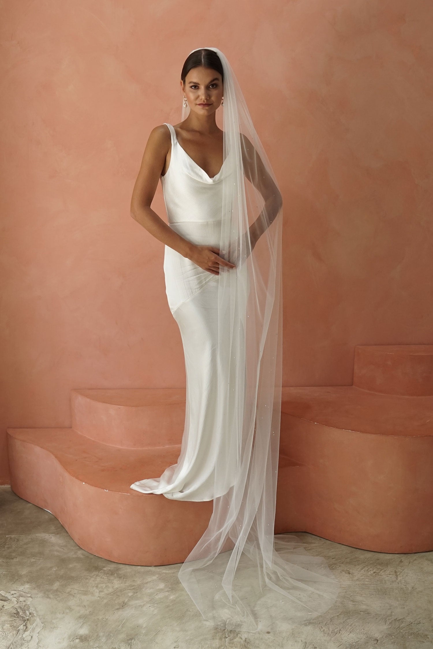 model wears one tier veil with crystals, crystal wedding veil 