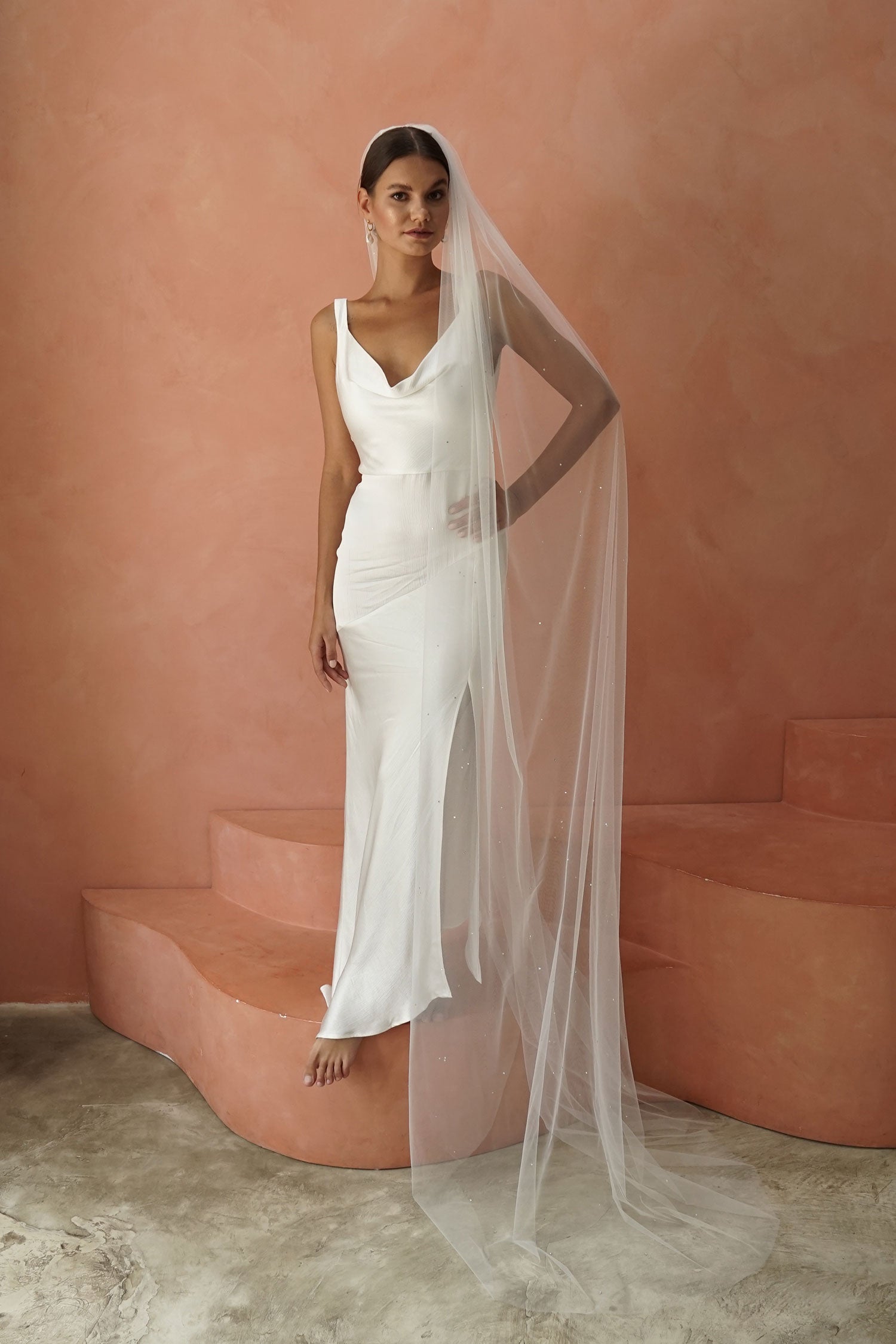 model wears one tier veil with crystals, crystal wedding veil 