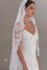 Full lace mantilla veil with delicate scalloped edging frames the head and shoulders of bride in profile