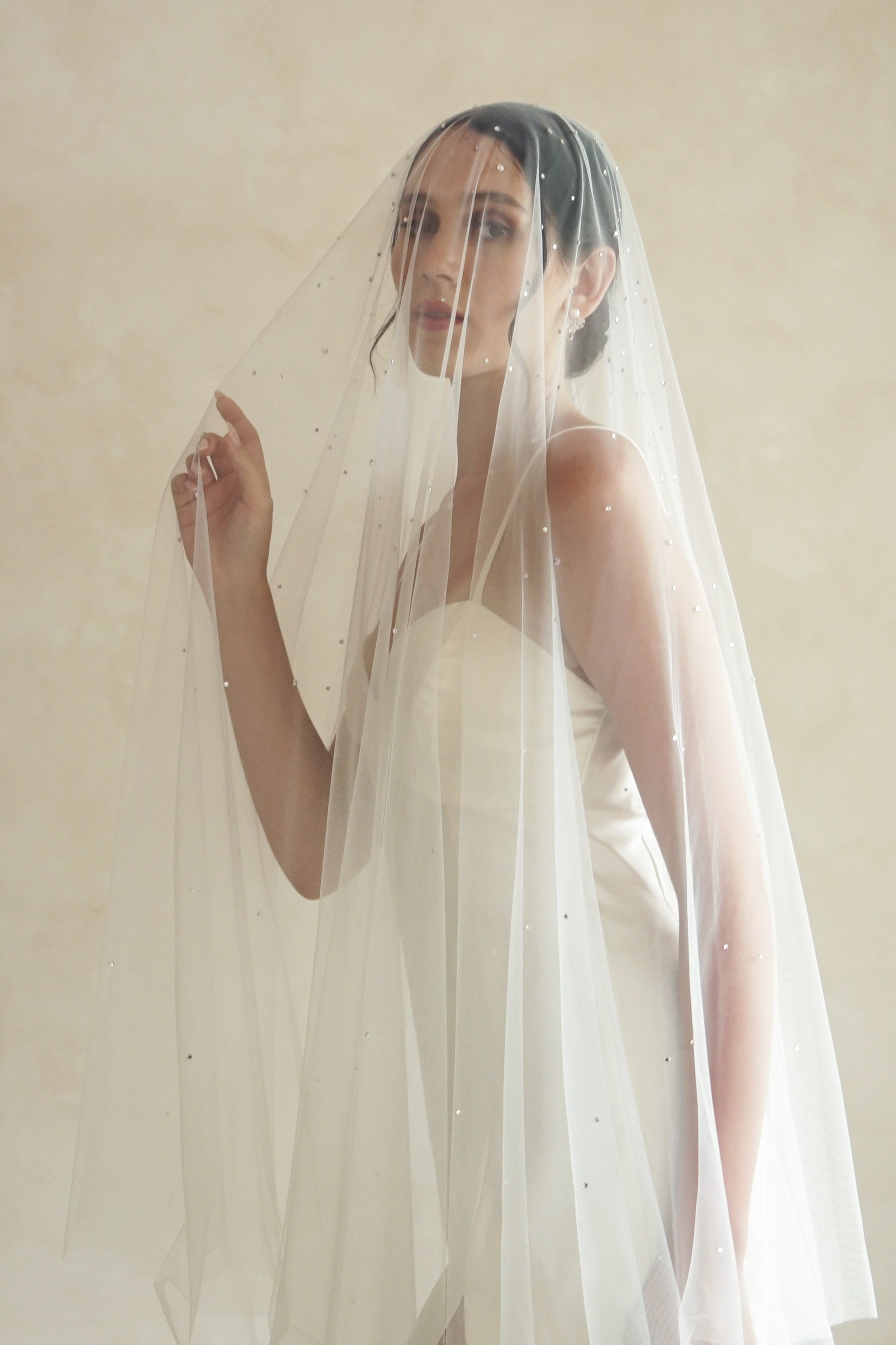 A model wearing a two tier wedding veil with crystals by Madame Tulle