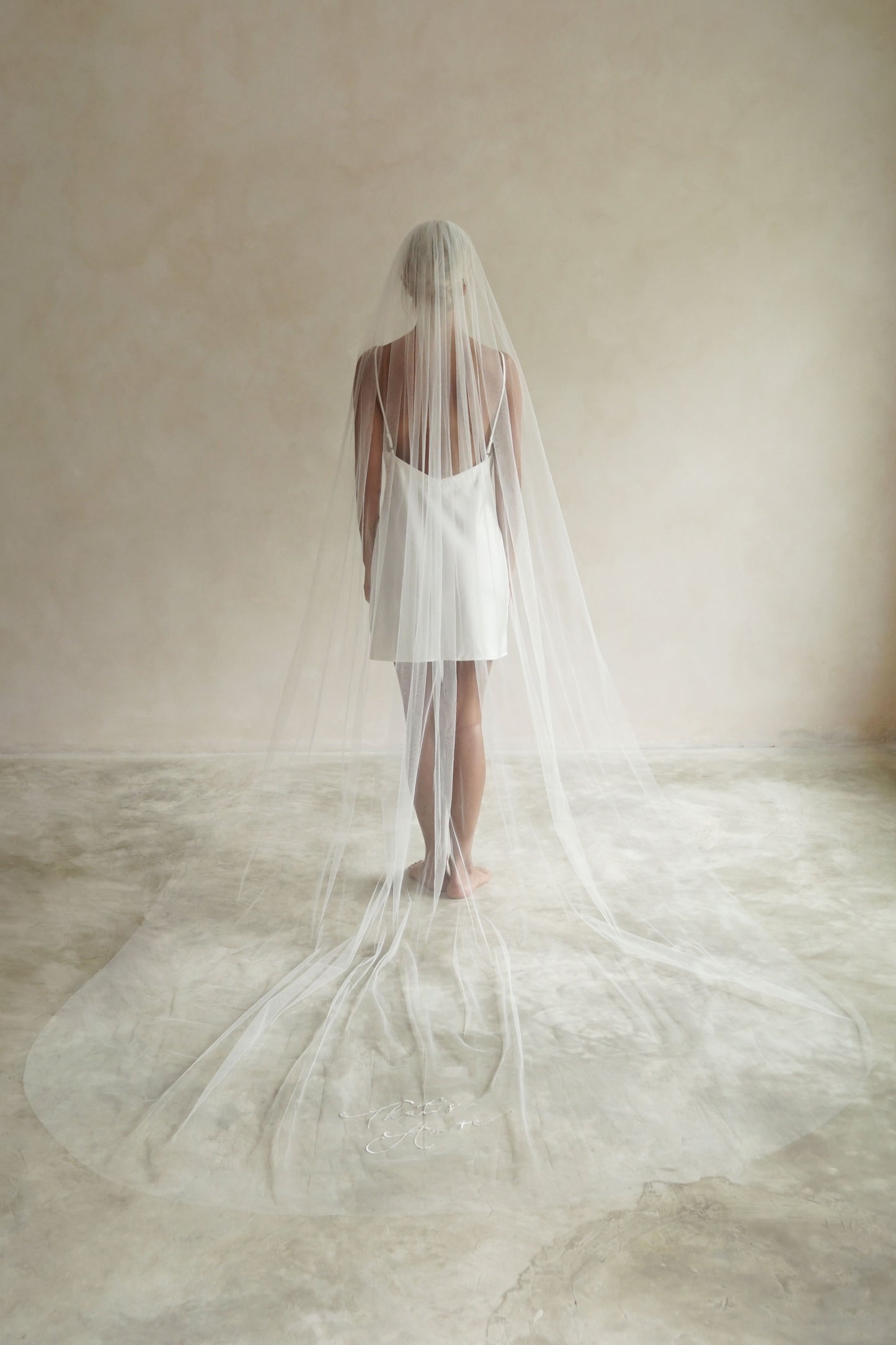 A model wearing a long wedding veil with embroidery text that's amore