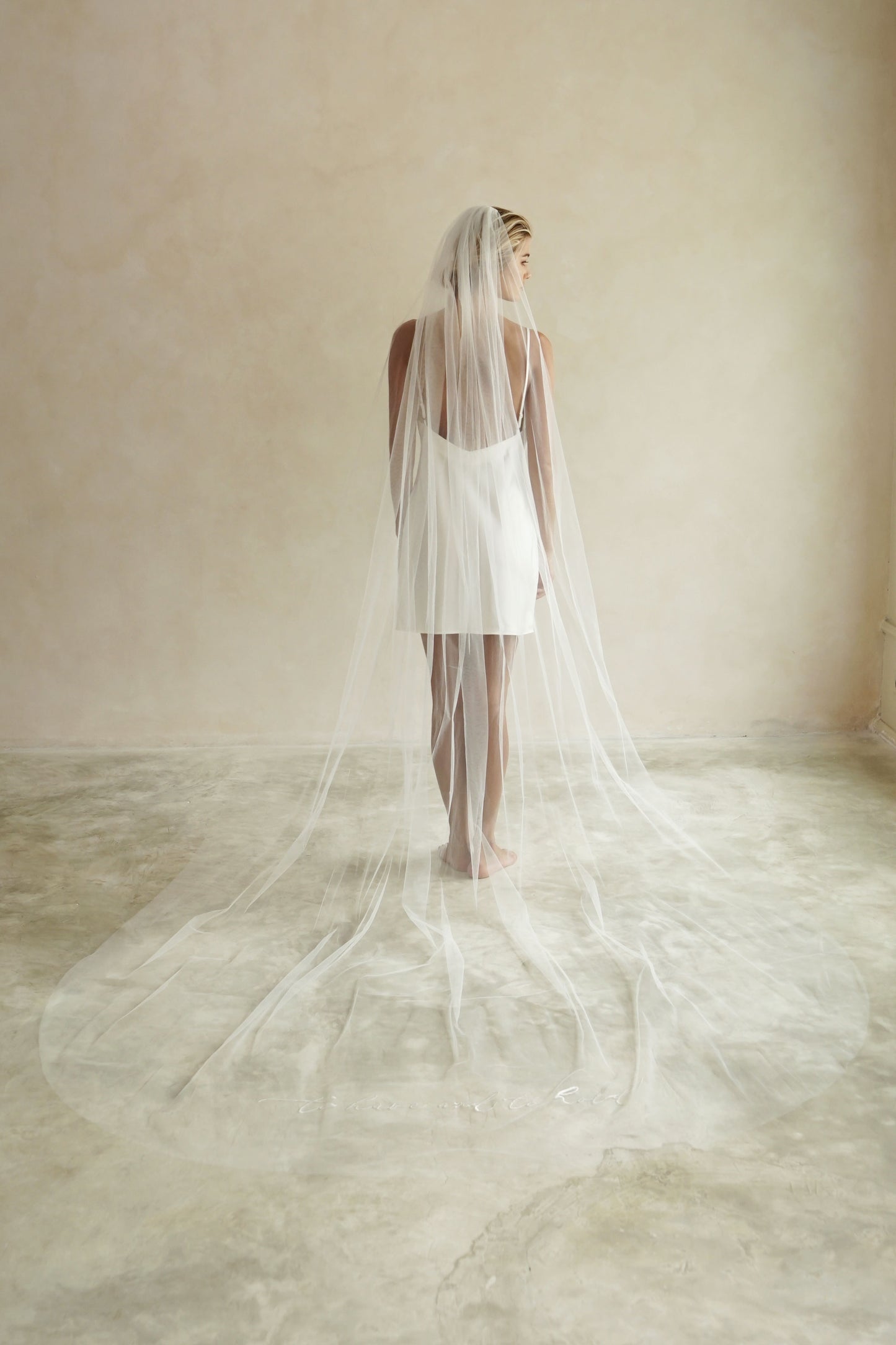A model wearing a long wedding veil with embroidery to have and to hold